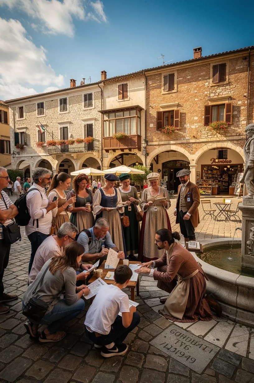 Группа туристов исследует исторический центр города с помощью интерактивных заданий и физических подсказок.